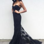 Charming Black Sweetheart Neck Lace Train Long Prom Dress, Black .