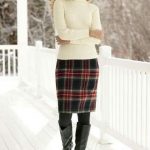 Off white turtleneck sweater plaid skirt black leather boots in .