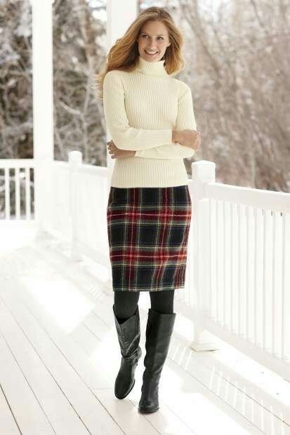 Off white turtleneck sweater plaid skirt black leather boots in .