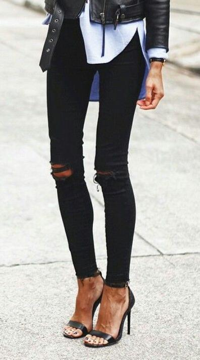 black ripped jeans. sandals. leather jacket. | Clothes | Fashion .