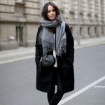 classic winter style // grey scarf, black coat, crossbody bag .