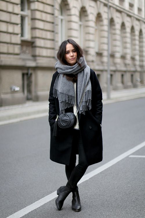 classic winter style // grey scarf, black coat, crossbody bag .