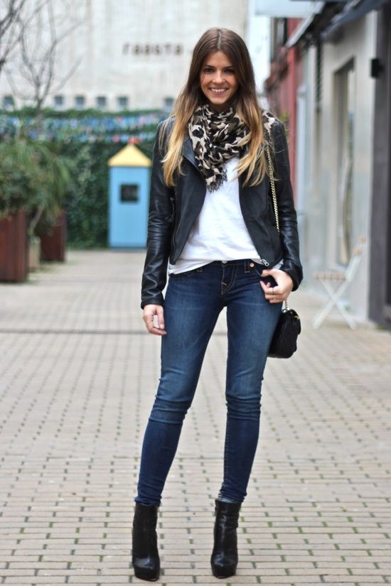 skinny jeans with ankle boots - great scarf and leather jacket .