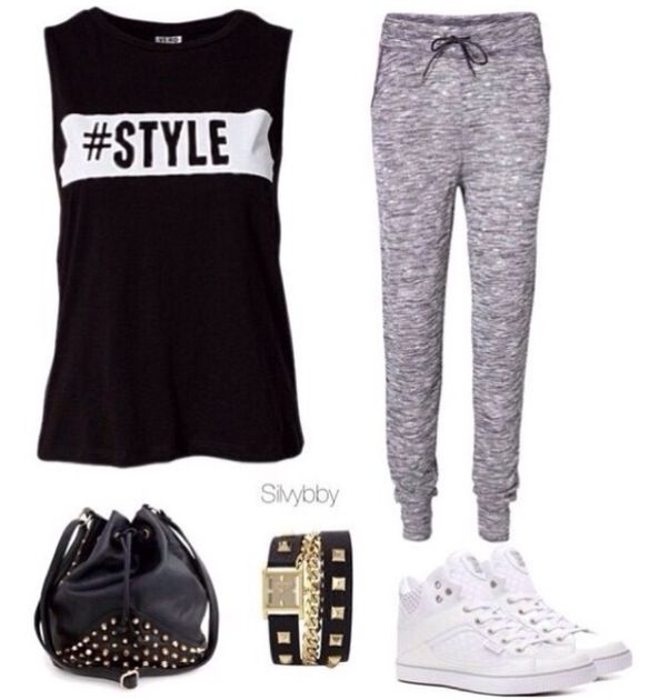 Ootd outfit black muscle tee style grey sweatpants black leather .