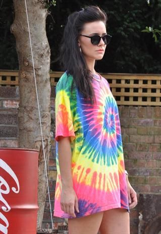 New Spiral Neon Tie Dye Over Sized Crew Neck T Shirt Dress from .