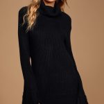 Cozy Black Turtleneck Dress - Rib Knit Sweater Dress - Sweat