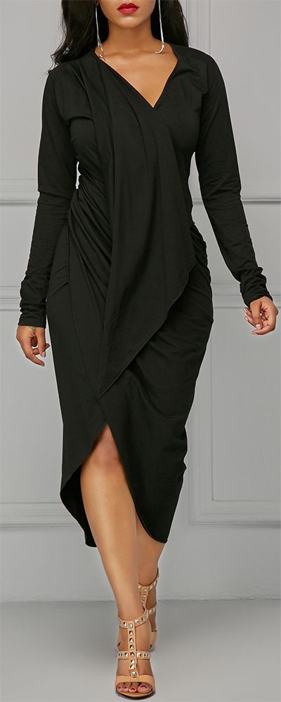Black Asymmetric Hem V Neck Draped Dress. | Fashion, Clothes .