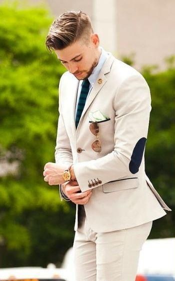 Latest Coat Pant Designs Beige Groom Tuxedos elbow patches 2 .