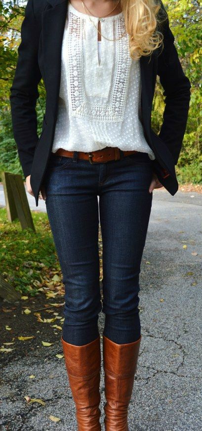 tan boots, belt, top, blazer, jeans | Fashion, Winter fashion .