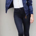 fall #trending #outfits | Navy Bomber Jacket + Black and White .