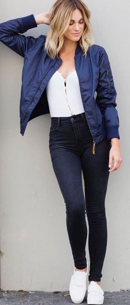Blue Bomber Jacket Boyish Outfit Ideas
  for Ladies