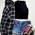 summer casual outfit - denim shorts, converse, crop top, & plaid .