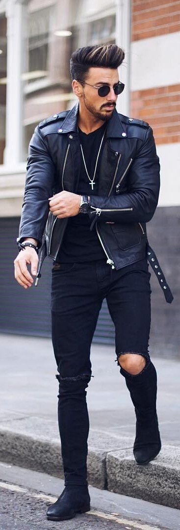 blue leather jacket outfit - Google Search | Leather jacket men sty
