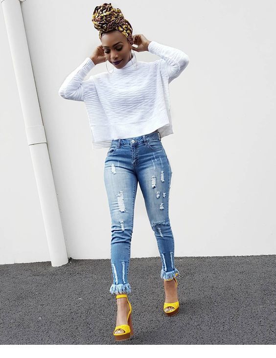 White blouse, blue jeans and yellow sandals | Casual outfits for .