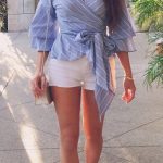casual outfit idea / blue striped blouse + bag + white shorts + .