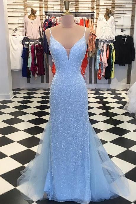 Sparkly Sequins Blue Mermaid Long Prom Dress #promshoessparkly .