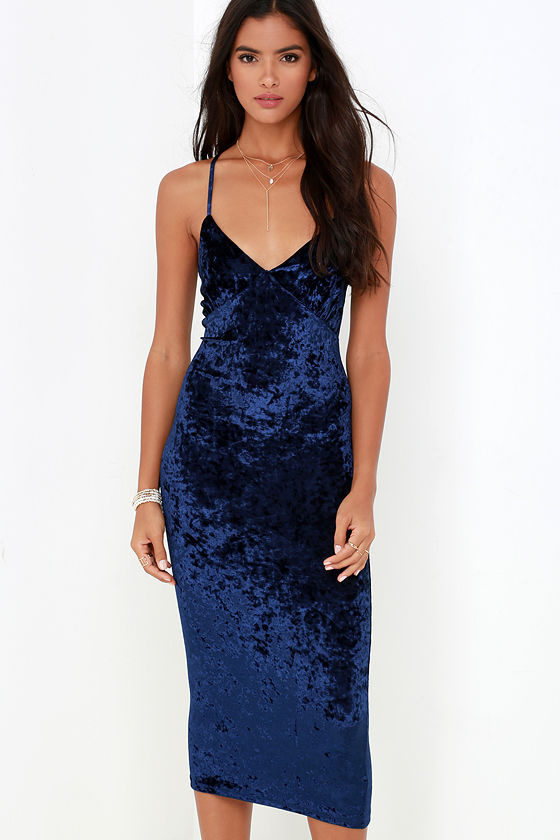 Sexy Navy Blue Velvet Dress - Bodycon Dress - Midi Dress - $40.