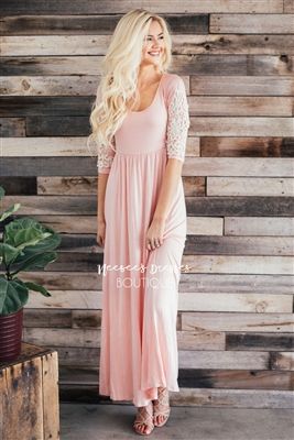 Blush Pink Crochet Maxi Dress, Modest Dress, Bridesmaids Dress .
