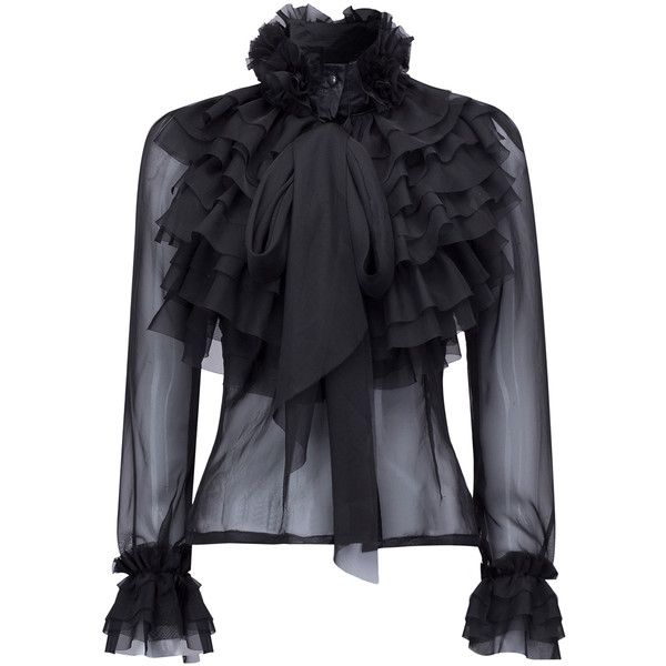 Black High Neck Bow Tie Front Layered Ruffle Sheer Shirt (645 ARS .