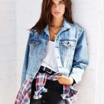 Women's Light Blue Denim Jacket, White and Red and Navy Plaid .