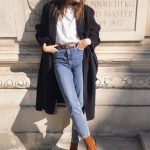 Jeans, white tee long black coat and brown ankle boots .