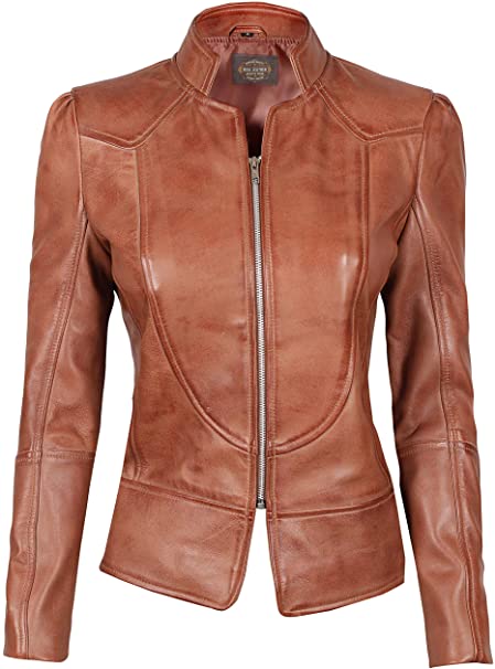 Blingsoul Womens Brown Leather Jacket - Motorcycle Real Leather .