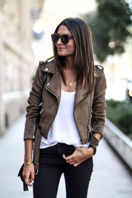 Brown Leather Motorcycle
  Jacket Outfit Ideas for Ladies