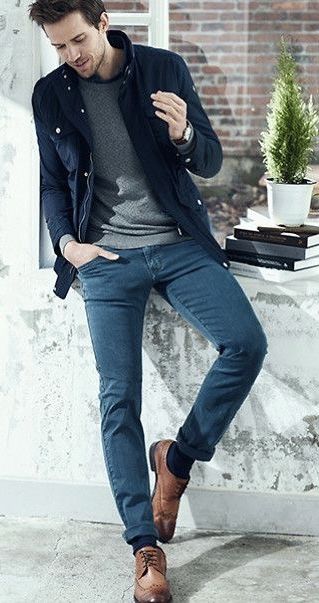 Fall business casual outfit idea with a navy zip up jacket gray .
