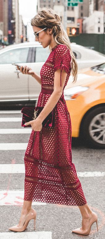 Burgundy lace midi dress | Fashion, Dresses, Sty