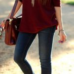 Fall outfit - jeans brown boots one-sleeve burgundy shirt | Boho .