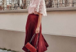 New burgundy faux leather pleated midi length women skirt wine red .