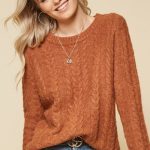 Burnt Orange Round Neck Cable Sweater - Longhorn Fashio