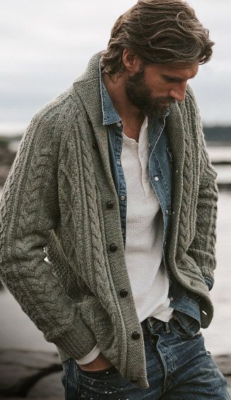Ralph Lauren - Fall outfit idea with a gray shawl cable knit .