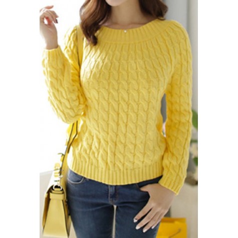 Retro Style Women s Jewel Neck Long Sleeve Cable-Knit Sweater .
