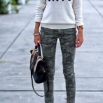 Outfit ideas. Tres chic grey sweater. Camo skinny pants. Flats .
