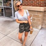 Summer outfit with camouflage shorts | Summer outfits for moms .