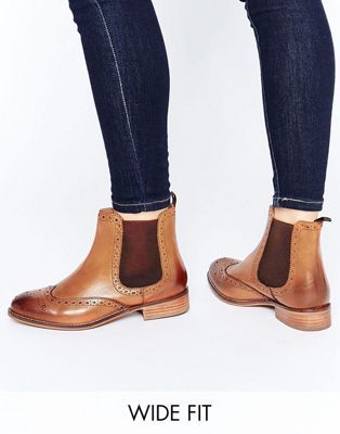 WOMEN** Dune Wide Fit Quenton Tan Leather Brogue Chelsea Boots .
