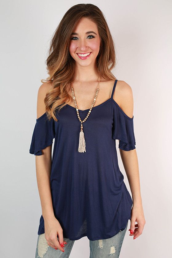 The Cold Shoulder Top in Navy | Shoulder tops outfit, Top outfits .