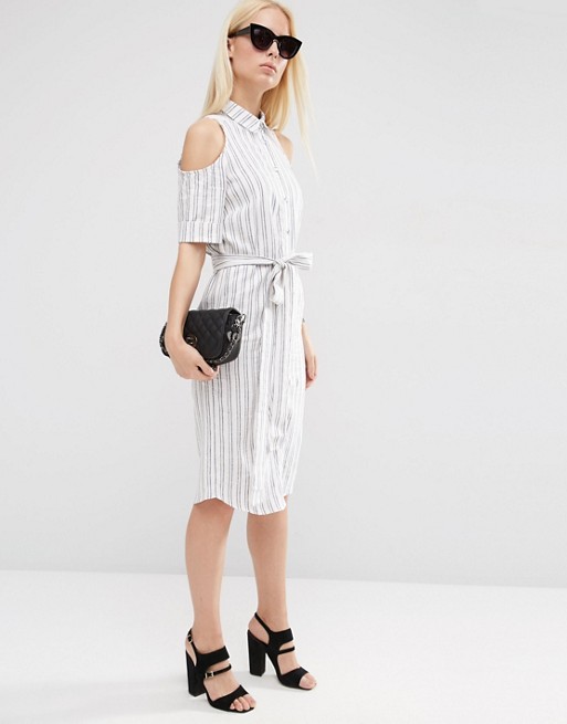 ASOS Cold Shoulder Shirt Dress With Tie in Stripe | AS
