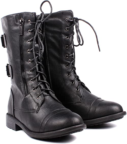 Amazon.com | Fashion Buckle Lace up Womens Combat Military Boots .