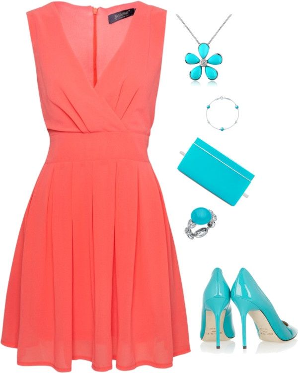 Coral with Turquoise Accessories | Fashion, Dresses, Coral dre