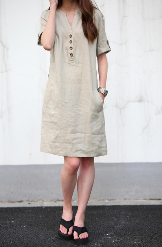 Khaki linen dress maxi dress cotton dress casual loose cotton .