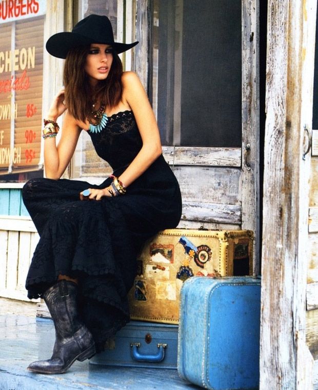 country glam!!!! cowboy hat and boots with black lace maxi dress .