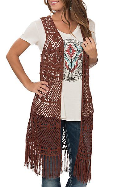 Wrangler Women's Rust Sleeveless Crochet with Fringe Vest .