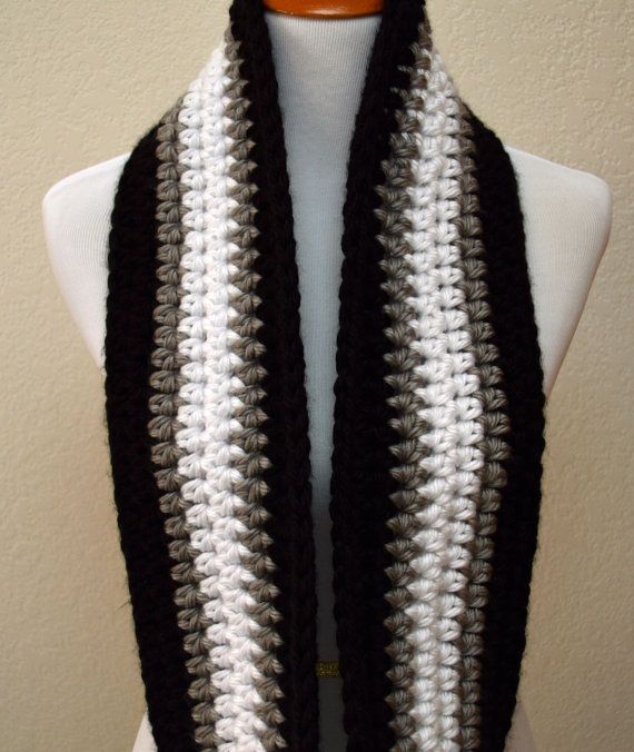 Black, Gray and White Striped Infinity Scarf, Crochet Infinity .