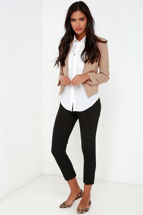 Business Trip Tan Cropped Blazer at Lulus.com! | Comfy work outfit .
