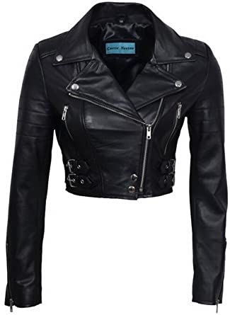 Infinity Women's Chic Black Cropped Leather Biker Jacket at Amazon .