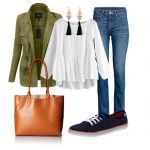Fall Casual outfit with Brown tote bag Earrings White top Navy .