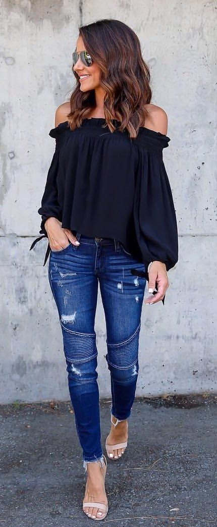 summer #outfits Black Off The Shoulder Top + Ripped Skinny Jeans .