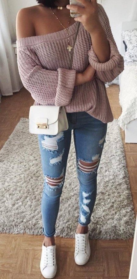 Fashion Trends One Shoulder Knit Sweater Plus Sneakers Plus Ripped .
